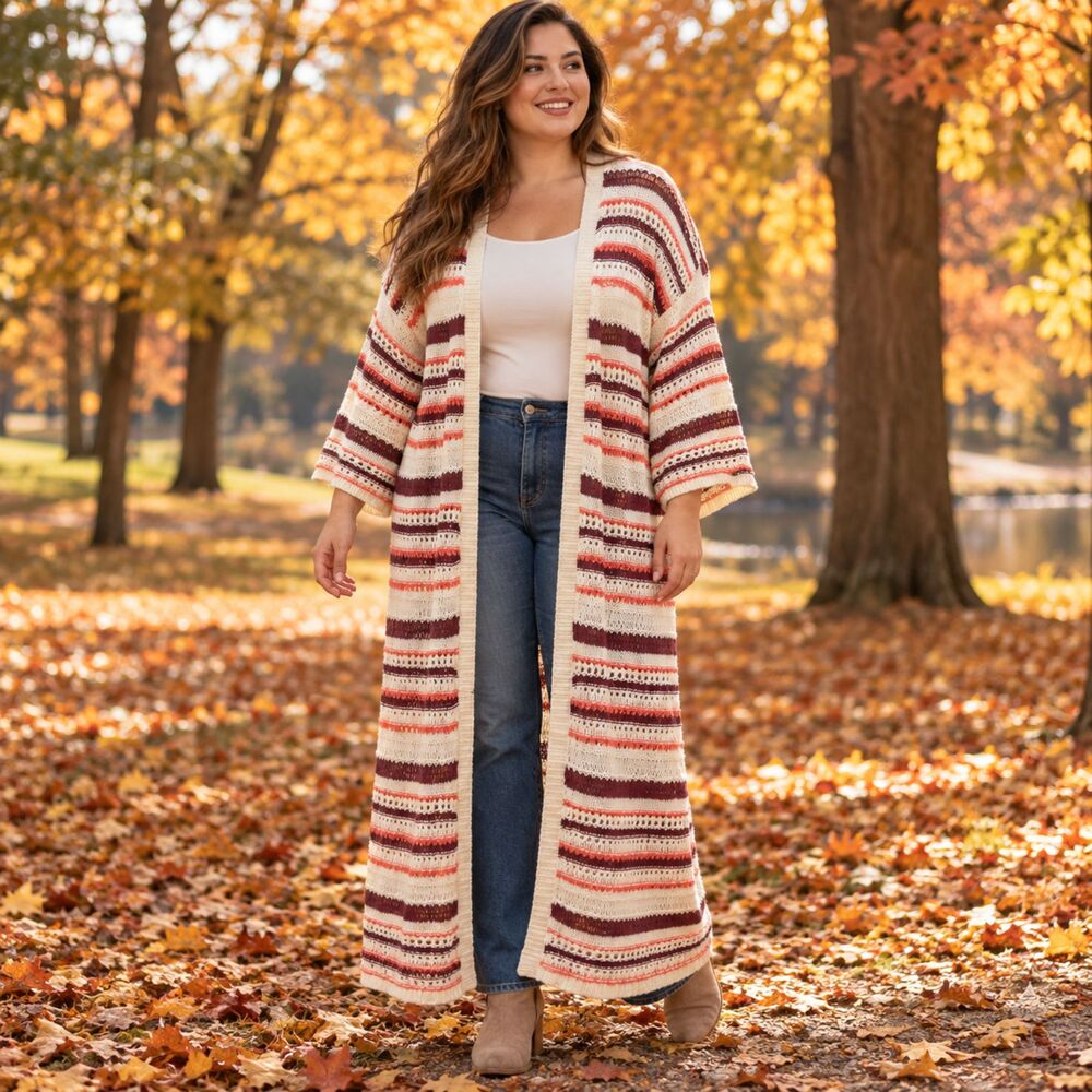 Torrid Size 2 2X Striped Open Knit Duster Cardigan Cotton Cream Burgundy Coral